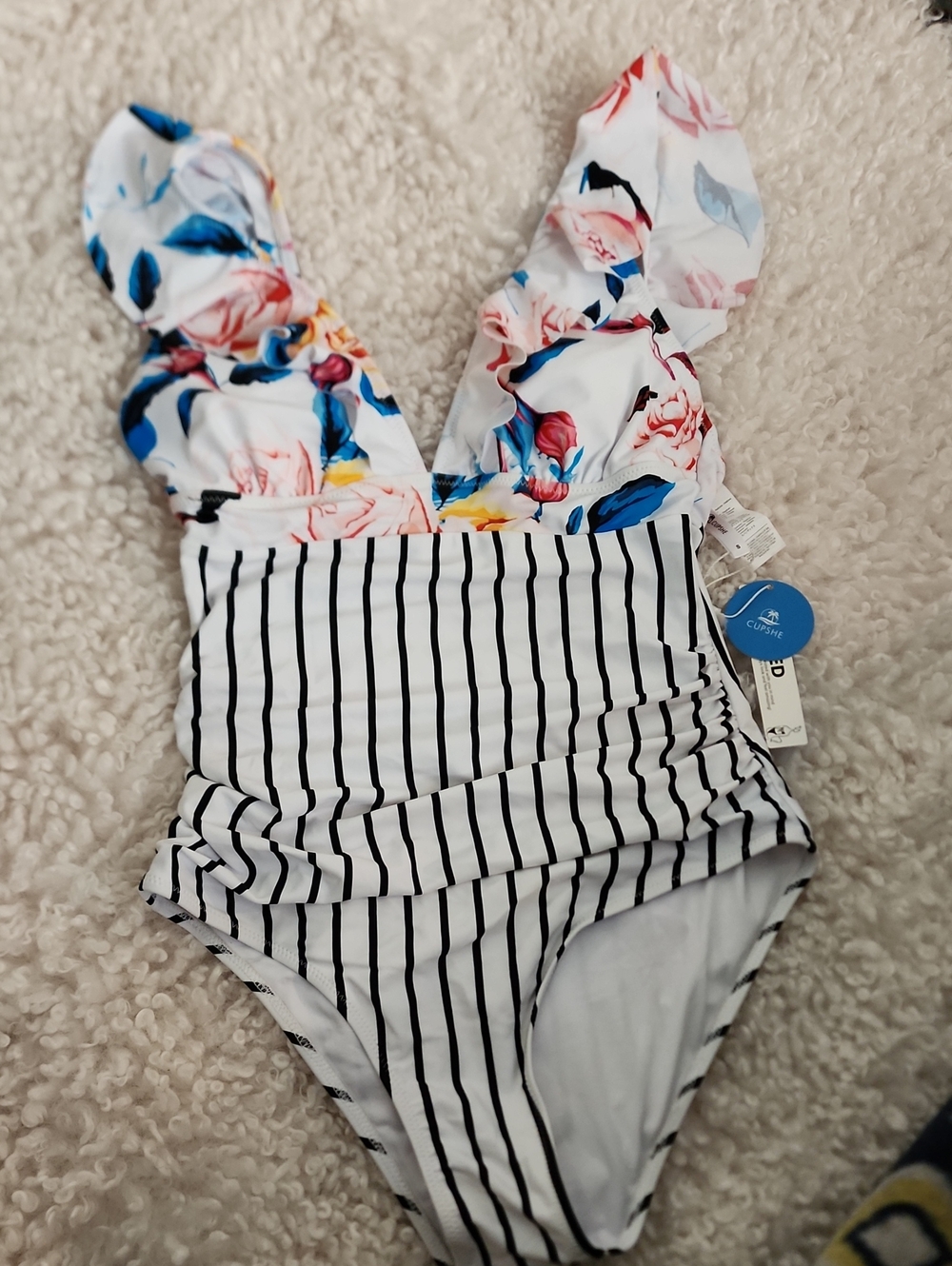 Cupshe White One-Piece Swimsuit with Floral Top and Black Stripes. Size S. NWT